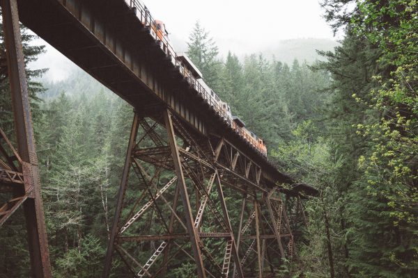 Photo of the bridge a train is passing through